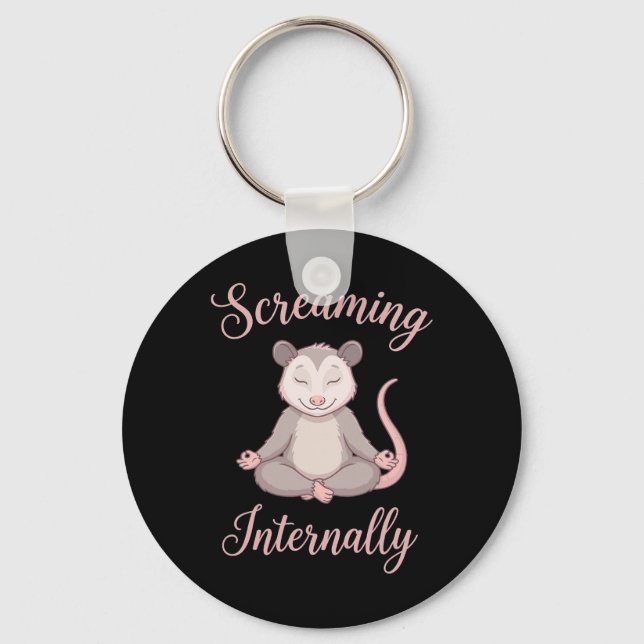 Screaming Internally Funny Meditating Yoga Opossum Keychain (Front)