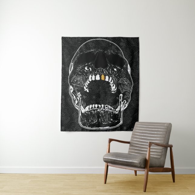 Screaming Man Gold Tooth Skull Tapestry (In Situ)