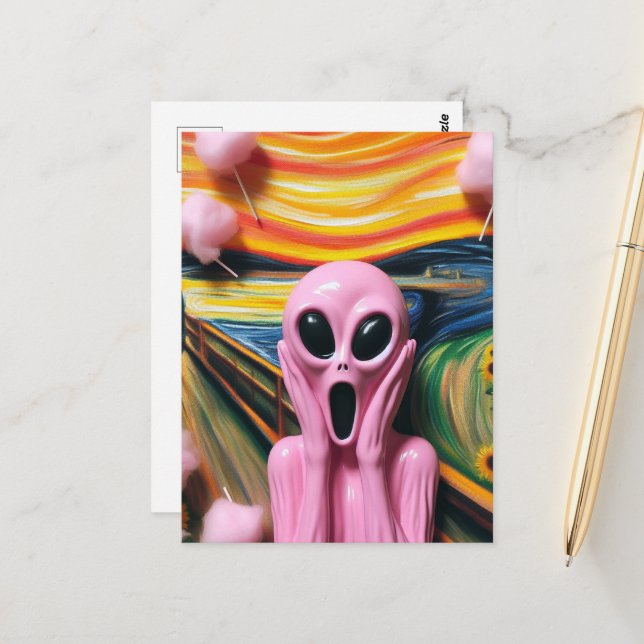 Screaming Pink Alien Cotton Candy Art Parody Postcard (Front/Back In Situ)