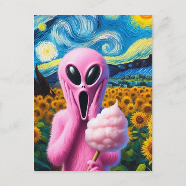 Screaming Pink Alien with Cotton Candy Sunflowers Postcard (Front)