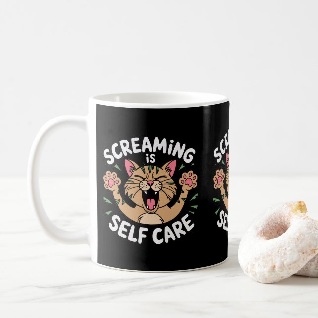Screaming Self Care Funny Cat Owners Cat Mom Dads Coffee Mug (With Donut)