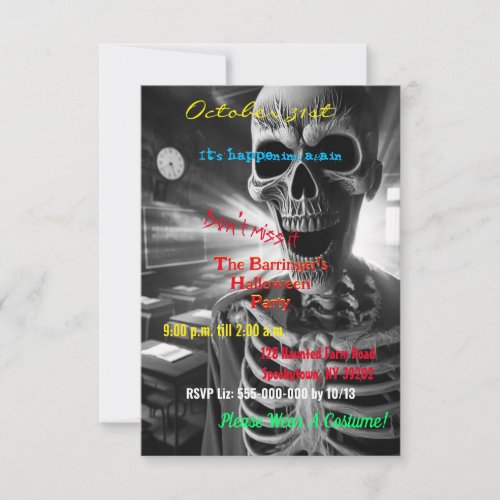 Screaming Skeleton Halloween Costume Party Invitation