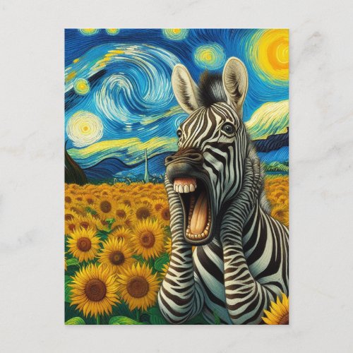 Screaming Zebra in a Faux Van Gogh Sunflower Field Postcard