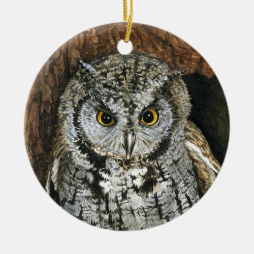 Screech Owl Christmas Ornament_watercolor painting Ceramic Ornament