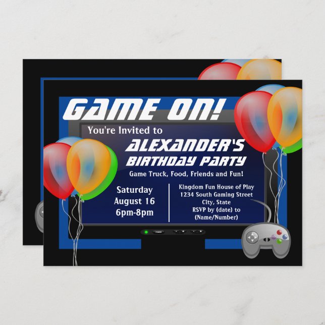 Screen Balloons Video Game Gaming Birthday Party Invitation (Front/Back)