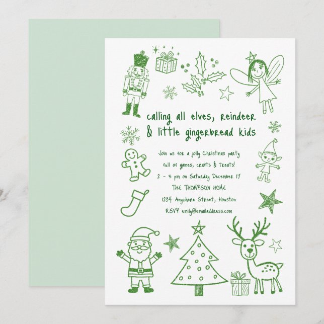 Scribble Art Glitter Green Kids Christmas Party Invitation (Front/Back)
