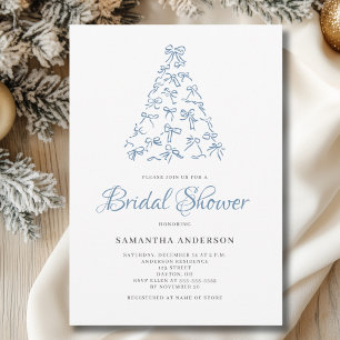 Scribble Blue Bow Christmas Tree Bridal Shower Invitation