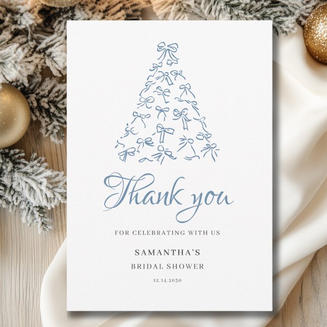 Scribble Blue Bow Christmas Tree Bridal Shower  Thank You Card (Creator Uploaded)