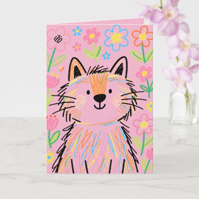  Scribble Cat Greetings Card Pink (Orchid)