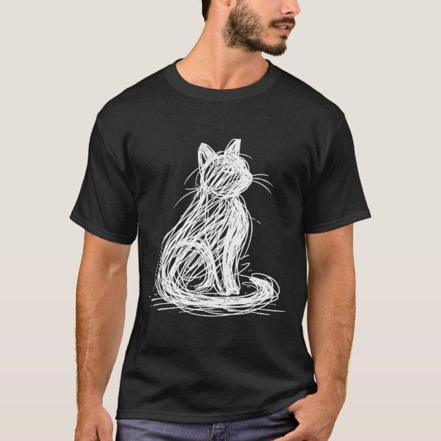 Scribble Cat Minimal Line Art Japanese  T-Shirt (Front)