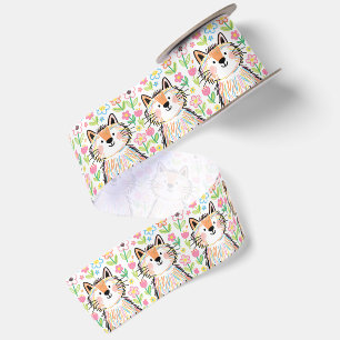 Scribble Cat White Satin Ribbon