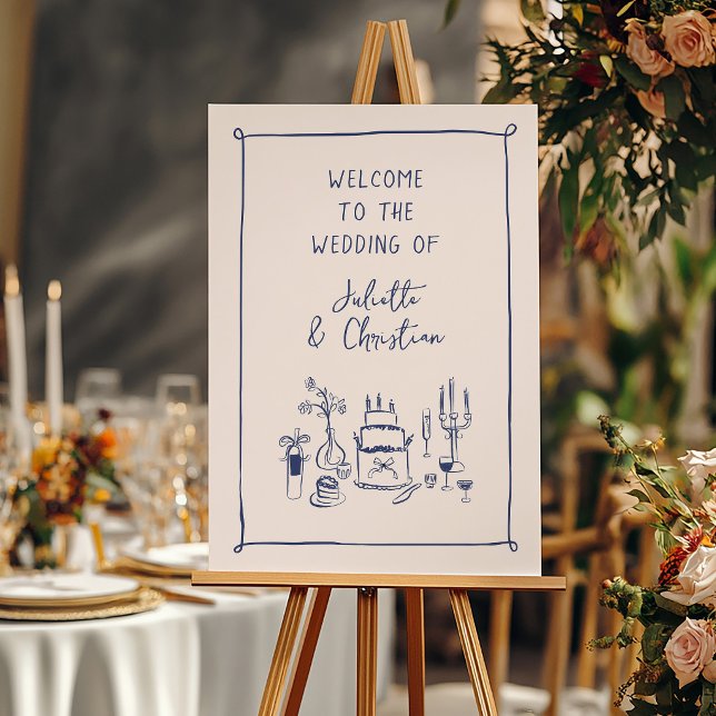 Scribble Doodle Hand Drawn Wedding Welcome Sign (hand-drawn sketched food and drinks wedding welcome sign)