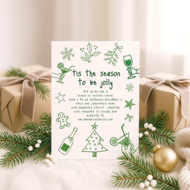Scribble Doodles Glitter Green Christmas Party Invitation (Creator Uploaded)