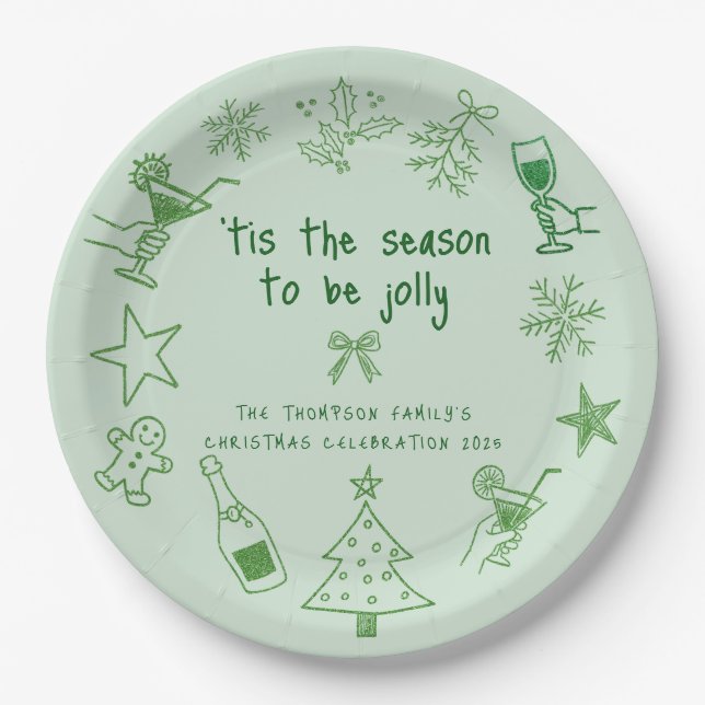 Scribble Doodles Glitter Green Christmas Party Paper Plates (Front)