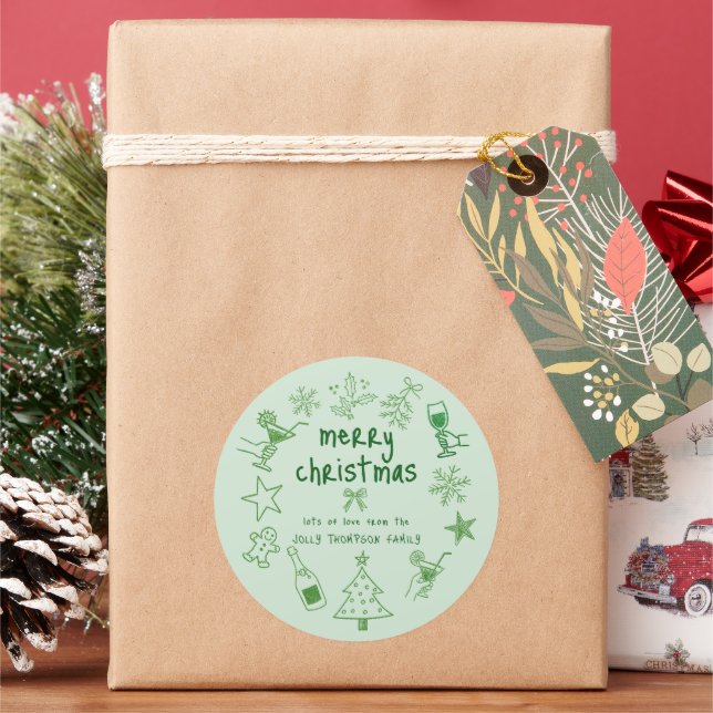Scribble Doodles Glitter Green Merry Christmas Classic Round Sticker (Holiday)