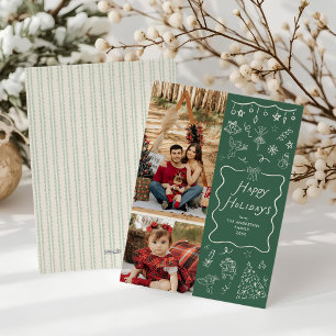 Scribble Hand Drawn Green Happy Holidays 2 Photo Holiday Card