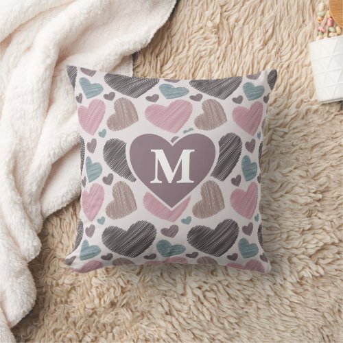 Scribble Hearts Family Monogram Groovy Pattern Throw Pillow