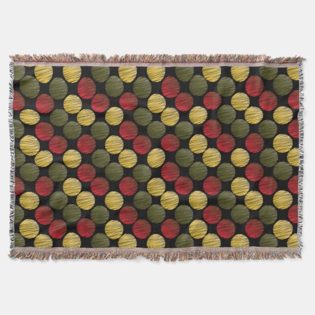 Scribble Ikat Circles | Red, Green, Gold Throw Blanket (Front)