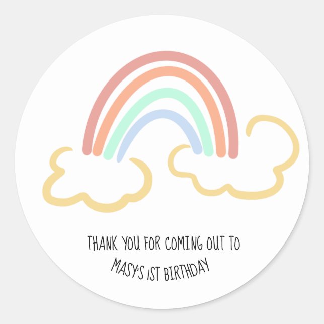 Scribble Rainbow and Cloud Birthday Thank You Classic Round Sticker (Front)