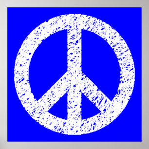 Scribble Stencilled Peace Symbol - White on Blue Poster
