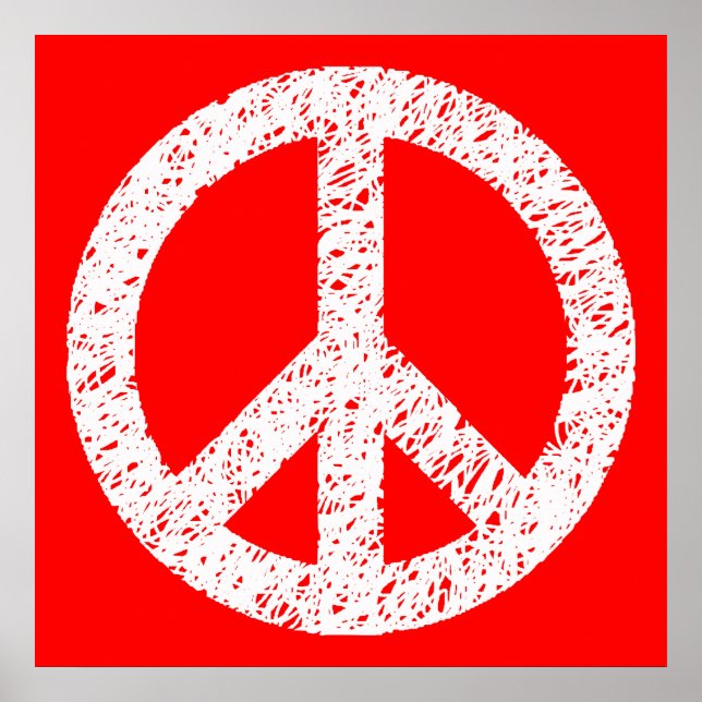 Scribble Stencilled Peace Symbol - White on Red Poster (Front)