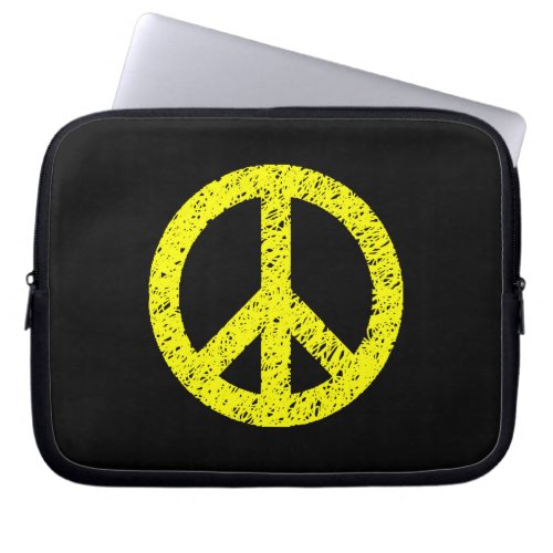 Scribble Stencilled Peace Symbol _ Yellow on Black Laptop Sleeve