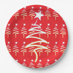 Scribble Tree + Star Christmas Holiday Red Paper Plates