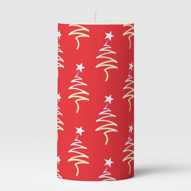 Scribble Tree + Star Christmas Holiday Red  Pillar Candle (Front)
