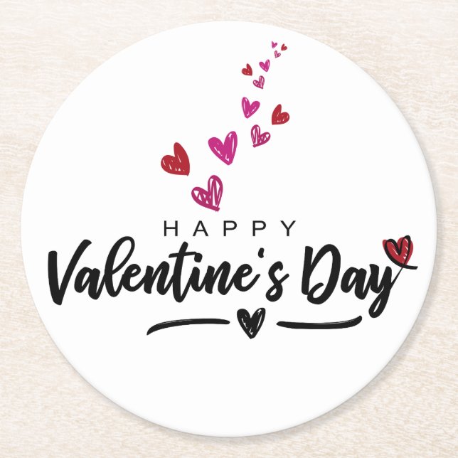 Scribbled Hearts Valentine's Day Red Pink Script Round Paper Coaster (Front)