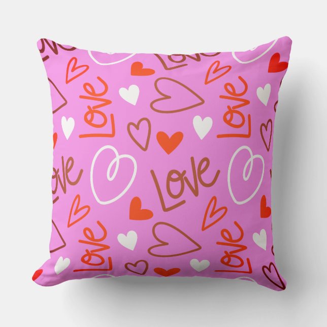 Scribbled Love Hearts Throw Pillow (Front)