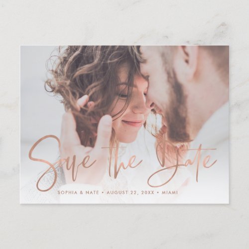 Scribbled Script  Rose Gold Wedding Save the Date Announcement Postcard