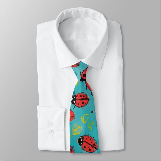 Scribbled Teal & Red Ladybug Pattern Neck Tie (Tied)