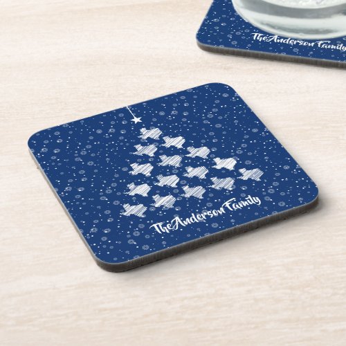 Scribbled Texas Christmas Tree on Blue Beverage Coaster