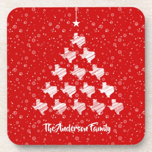 Scribbled Texas Christmas Tree on Red Beverage Coaster