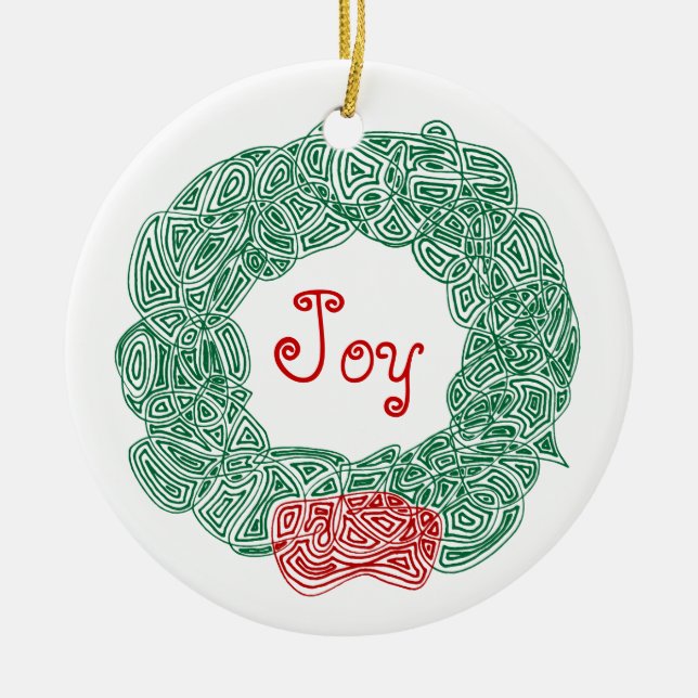 Scribbleprints Wreath - White, on Red Ceramic Ornament (Front)