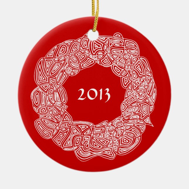 Scribbleprints Wreath - White, on Red Ceramic Ornament (Front)