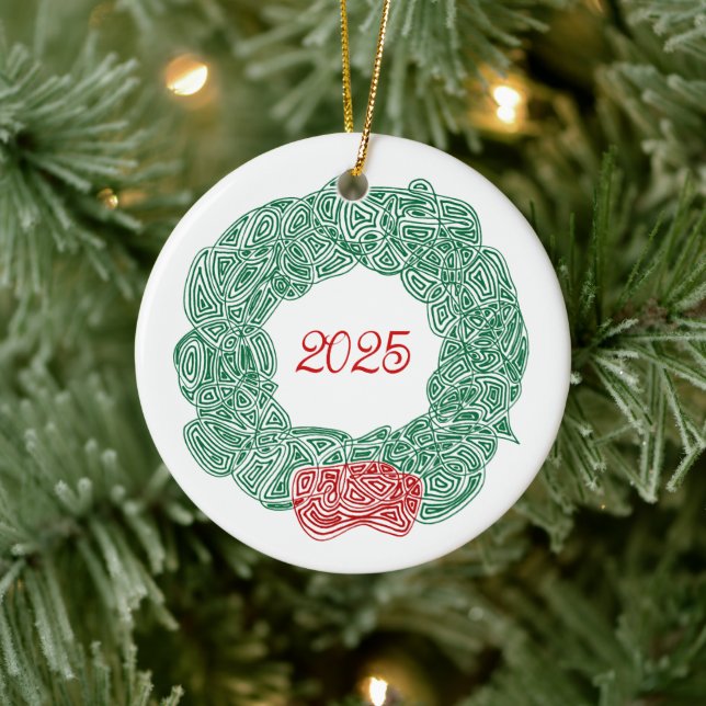 Scribbleprints Wreath - White, on Red Ceramic Ornament (Tree)