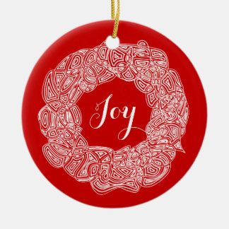 Scribbleprints Wreath - White, on Red Ceramic Ornament