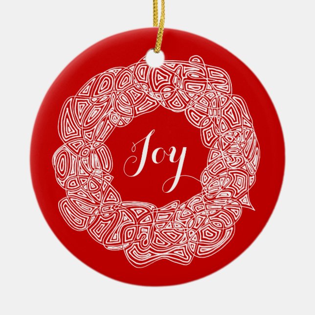 Scribbleprints Wreath - White, on Red Ceramic Ornament (Front)