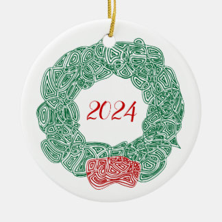 Scribbleprints Wreath - White, on Red Ceramic Ornament