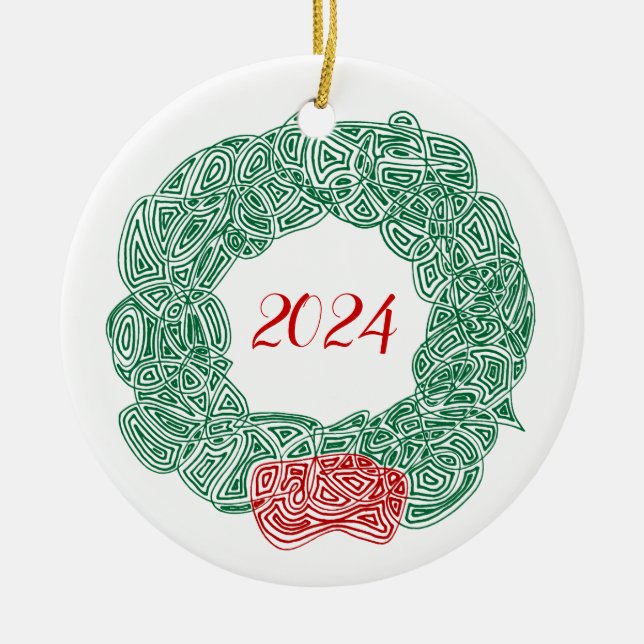 Scribbleprints Wreath - White, on Red Ceramic Ornament (Front)