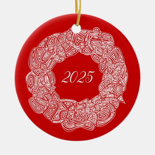 Scribbleprints Wreath - White, on Red Ceramic Ornament (Front)