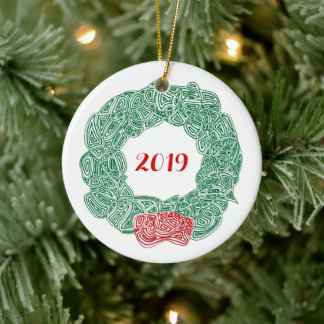 Scribbleprints Wreath - White, on Red Ceramic Ornament