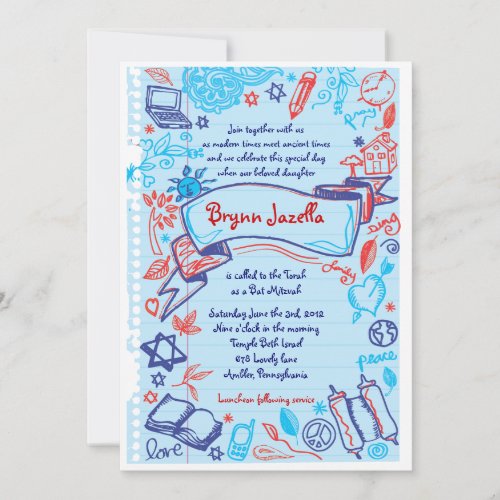 SCRIBBLES on NOTEPAPER Bat Bat Mitzvah Invitation