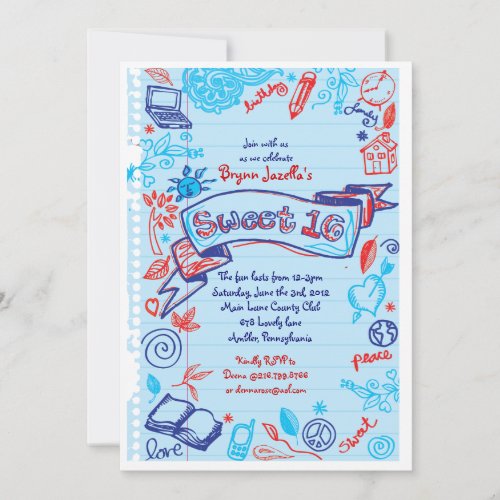 SCRIBBLES on NOTEPAPER Sweet 16 Invitation