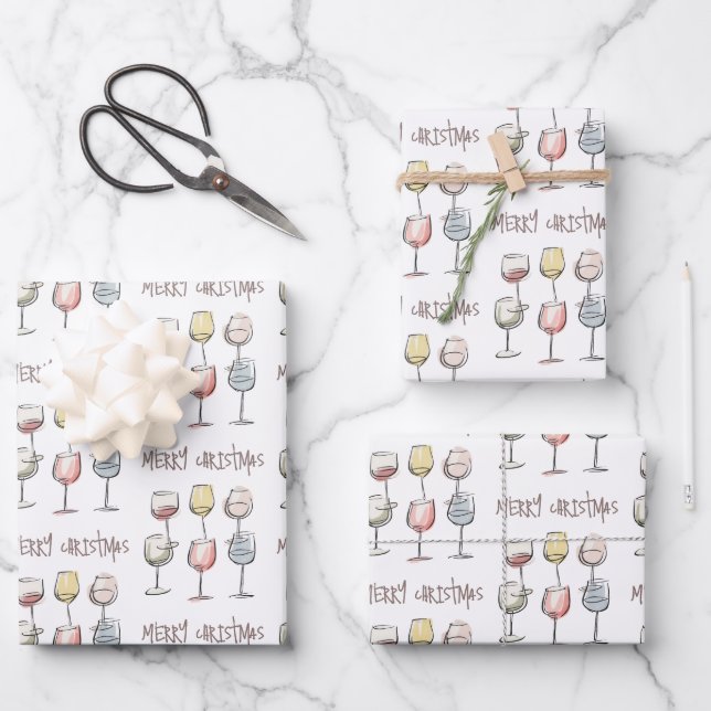 Scribbly doodle wine glass pattern Merry Christmas Wrapping Paper Sheets (Front)