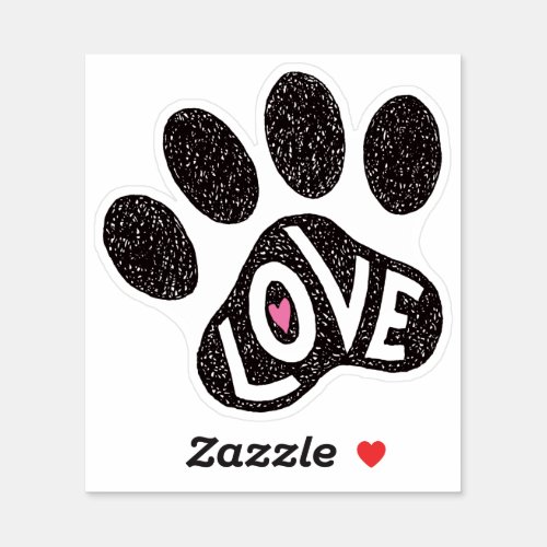 Scribbly paw print with text love and pink heart sticker