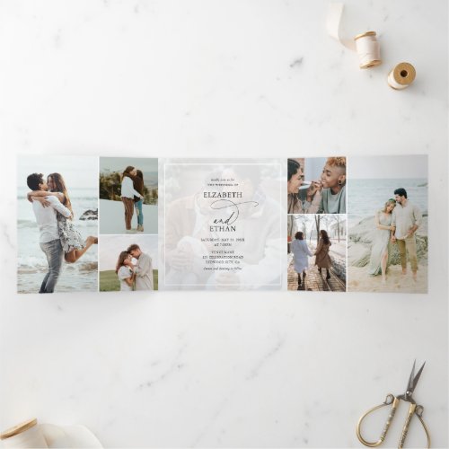 Script 15 Photo Collage RSVP QR Code Wedding Tri_F Tri_Fold Invitation