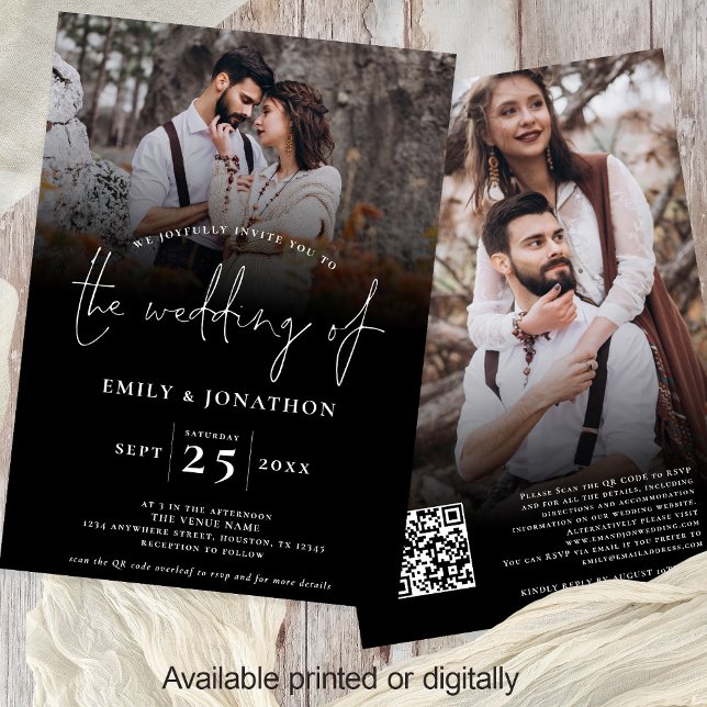 Script 2 Photos Overlay QR Code Wedding Black Invitation (Front and back view 2 photos black overlay wedding invitation with QR code)