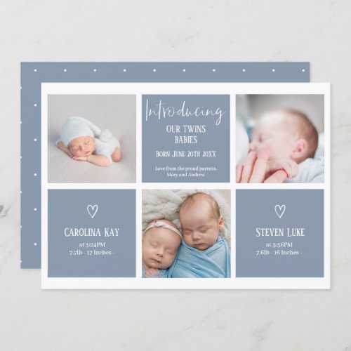 Script 3 photo collage dusty blue baby twins birth announcement